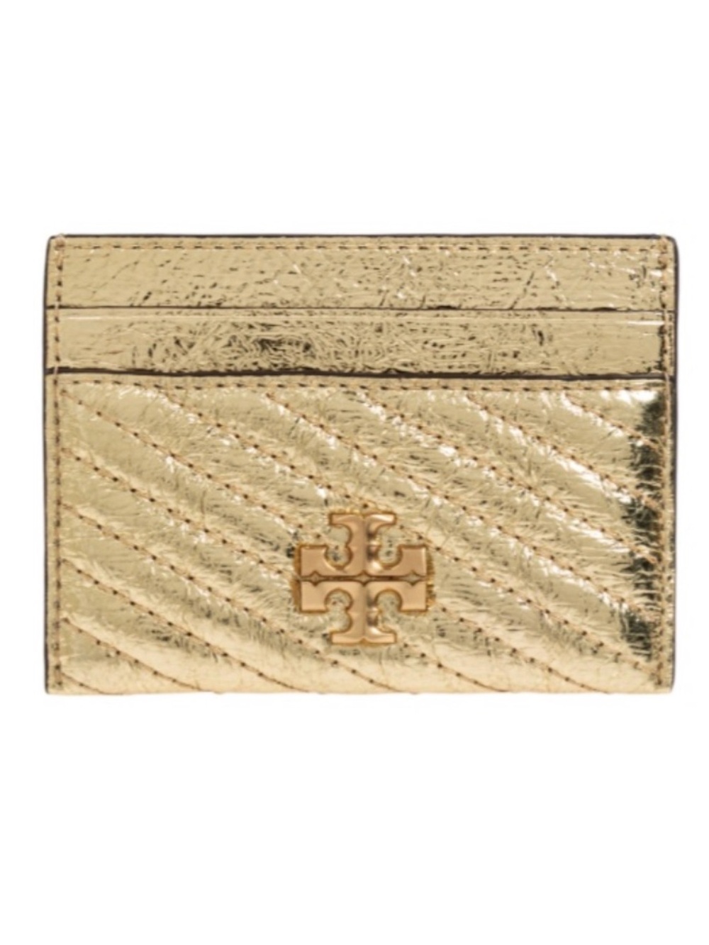 New Tory Burch Kira Metallic Crinkled Leather Gold Card Case